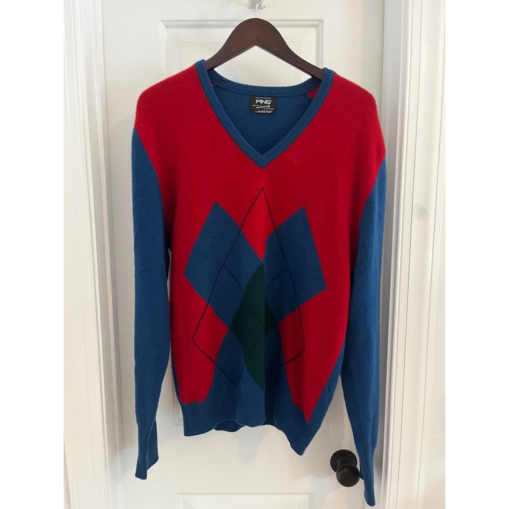 Vintage Ping Karsten  Red Blue Argyle 100% Cashmere V-Neck Sweater